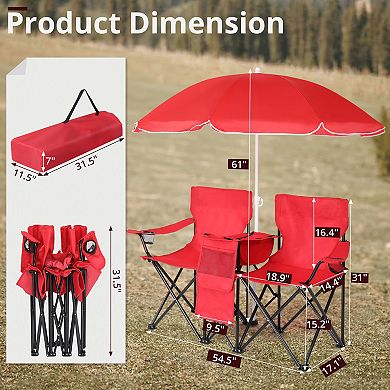 Folding Double Camping Chair, w/Umbrella Beverage Holder Carrying Bag Cooler Table for Beach Pool