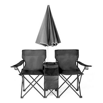 Folding Double Camping Chair, w/Umbrella Beverage Holder Carrying Bag Cooler Table for Beach Pool