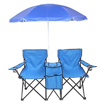 Folding Double Camping Chair, w/Umbrella Beverage Holder Carrying Bag Cooler Table for Beach Pool