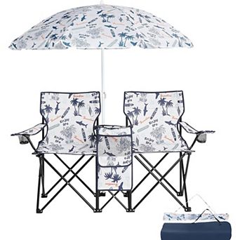 Folding Double Camping Chair, w/Umbrella Beverage Holder Carrying Bag Cooler Table for Beach Pool