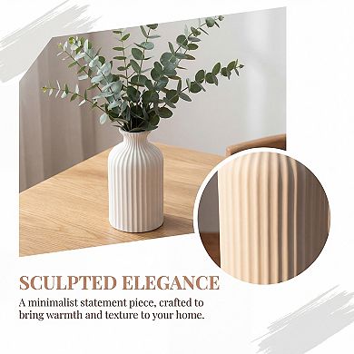 Modern Ceramic Vase Matte Ribbed Flower Vase, Wide Opening Chubby Vase for Desktop, Shelf Bathroom