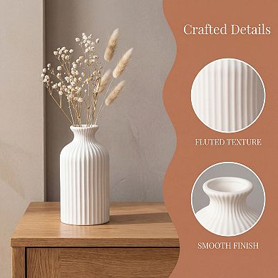 Modern Ceramic Vase Matte Ribbed Flower Vase, Wide Opening Chubby Vase for Desktop, Shelf Bathroom