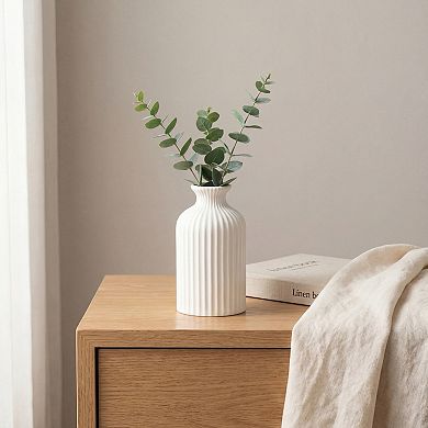 Modern Ceramic Vase Matte Ribbed Flower Vase, Wide Opening Chubby Vase for Desktop, Shelf Bathroom
