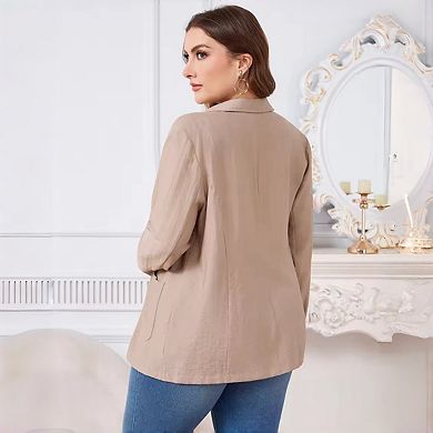 Plus Size Linen Blazer - Lightweight Casual Jacket with Patch Pockets for Women