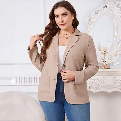 Plus Size Linen Blazer - Lightweight Casual Jacket with Patch Pockets for Women