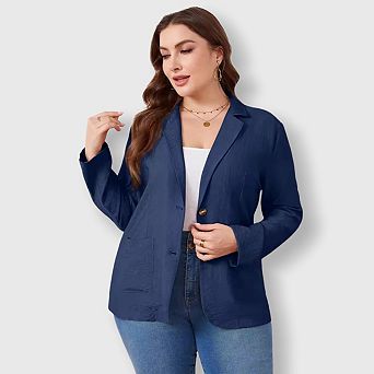 Plus Size Linen Blazer - Lightweight Casual Jacket with Patch Pockets for Women