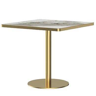 WOW PIONEER Square Modern Dining Table with Sturdy Metal Frame and Marble Top