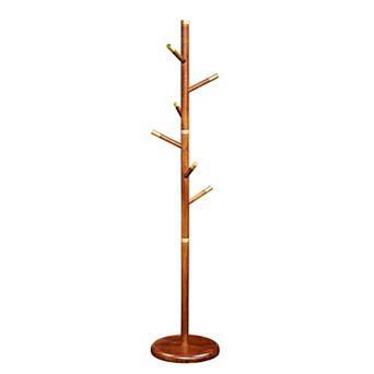 Solid Wood Coat Rack Stand with 6 Smooth Hooks & Sturdy Round Base for Entryway Bedroom Office