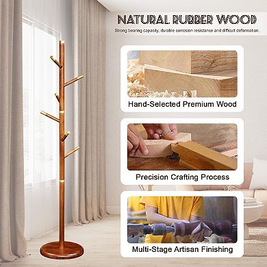 Solid Wood Coat Rack Stand with 6 Smooth Hooks & Sturdy Round Base for Entryway Bedroom Office