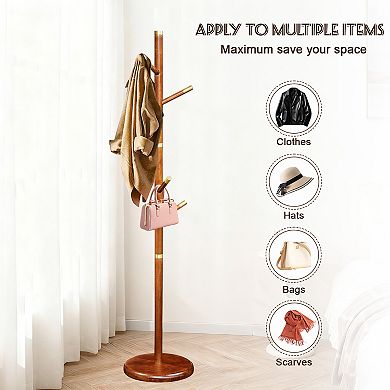 Solid Wood Coat Rack Stand with 6 Smooth Hooks & Sturdy Round Base for Entryway Bedroom Office