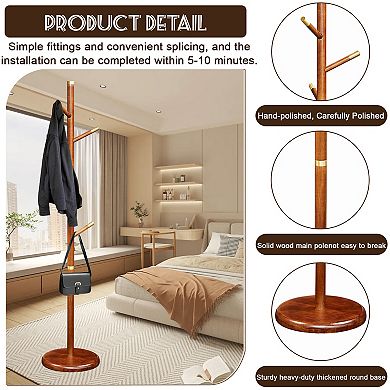 Solid Wood Coat Rack Stand with 6 Smooth Hooks & Sturdy Round Base for Entryway Bedroom Office