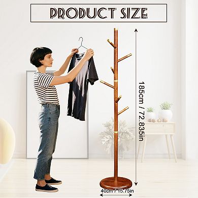 Solid Wood Coat Rack Stand with 6 Smooth Hooks & Sturdy Round Base for Entryway Bedroom Office