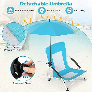 Folding Beach Chair, 330lbs Low Seat Camping Chairs with Removable Adjustable Umbrella, Carry Bag