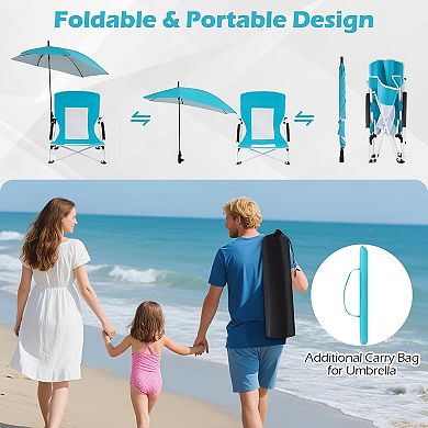 Folding Beach Chair, 330lbs Low Seat Camping Chairs with Removable Adjustable Umbrella, Carry Bag
