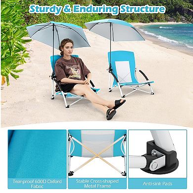Folding Beach Chair, 330lbs Low Seat Camping Chairs with Removable Adjustable Umbrella, Carry Bag