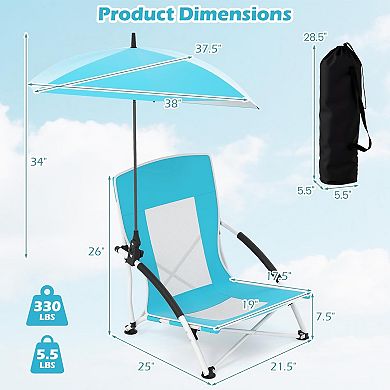 Folding Beach Chair, 330lbs Low Seat Camping Chairs with Removable Adjustable Umbrella, Carry Bag