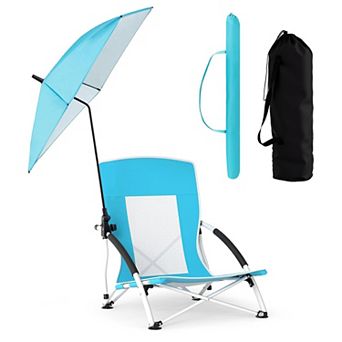 Folding Beach Chair, 330lbs Low Seat Camping Chairs with Removable Adjustable Umbrella, Carry Bag