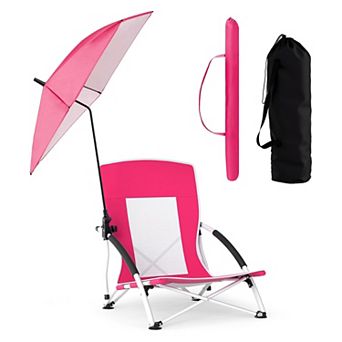 Folding Beach Chair, 330lbs Low Seat Camping Chairs with Removable Adjustable Umbrella, Carry Bag