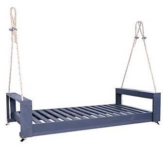 Porch Swing Bed Twin Size, Patio Acacia Wood Swing Frame with Hemp Ropes for Garden, Backyard