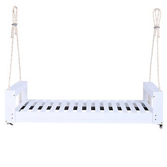 Porch Swing Bed Twin Size, Patio Acacia Wood Swing Frame with Hemp Ropes for Garden, Backyard