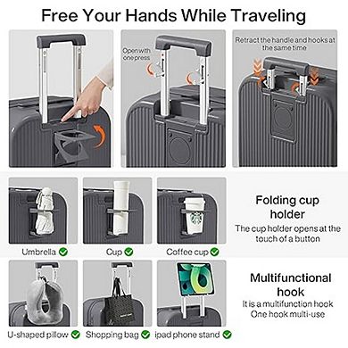 Carry-On Hard Shell Suitcase Spinner Wheels with Cup & Phone Holder