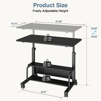 Manual Standing Desk with Wheels, Adjustable Height Mobile Office Desk