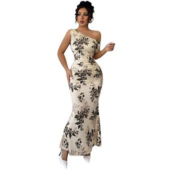 Women Summer Floral One Shoulder Bodycon Maxi Dresses Ruched Beach Wedding Guest Vacation Dress