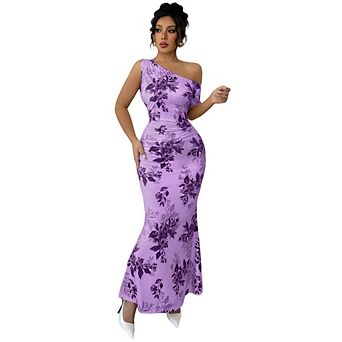 Women Summer Floral One Shoulder Bodycon Maxi Dresses Ruched Beach Wedding Guest Vacation Dress