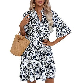 Women's Boho Print Mini Dress V Neck Short Sleeve Casual Flowy Beach Dress
