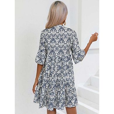 Women's Boho Print Mini Dress V Neck Short Sleeve Casual Flowy Beach Dress