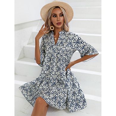 Women's Boho Print Mini Dress V Neck Short Sleeve Casual Flowy Beach Dress