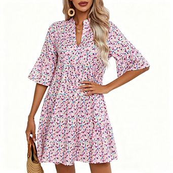 Women's Boho Print Mini Dress V Neck Short Sleeve Casual Flowy Beach Dress