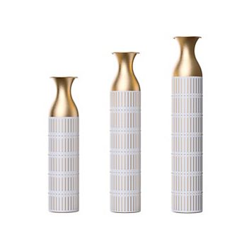 Floor Metal Vases Set of 3, 24/28.7/33.5 in Tall White & Gold Decorative Vases for Home