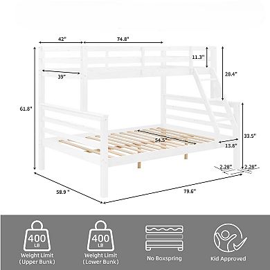 Twin Over Full Bunk Bed, Solid Wood Bed with Guardrails and Ladder