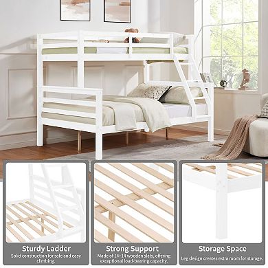 Twin Over Full Bunk Bed, Solid Wood Bed with Guardrails and Ladder