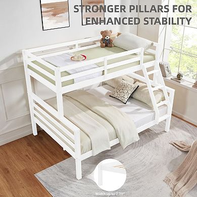 Twin Over Full Bunk Bed, Solid Wood Bed with Guardrails and Ladder