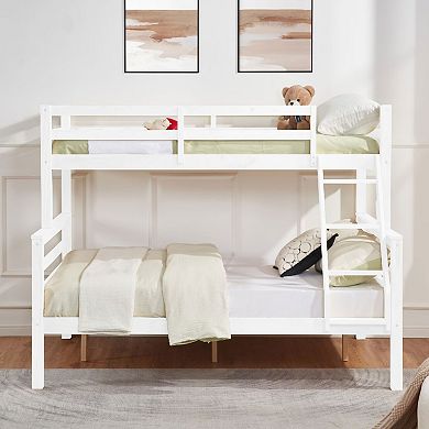 Twin Over Full Bunk Bed, Solid Wood Bed with Guardrails and Ladder