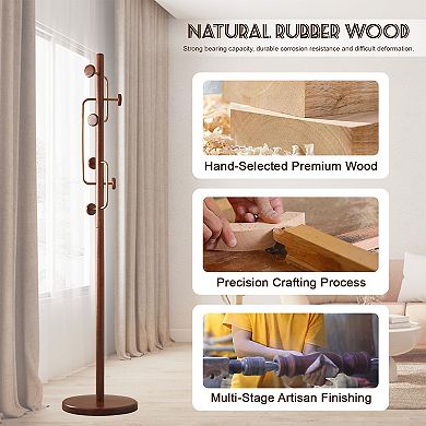 Solid Wood Coat Rack Stand with 6 Smooth Hooks & Sturdy Round Base, Cactus Tree Coat Hanger for Home