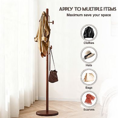 Solid Wood Coat Rack Stand with 6 Smooth Hooks & Sturdy Round Base, Cactus Tree Coat Hanger for Home