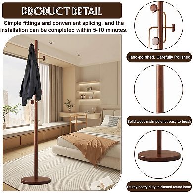 Solid Wood Coat Rack Stand with 6 Smooth Hooks & Sturdy Round Base, Cactus Tree Coat Hanger for Home