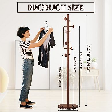 Solid Wood Coat Rack Stand with 6 Smooth Hooks & Sturdy Round Base, Cactus Tree Coat Hanger for Home