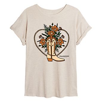 Juniors' Yellowstone Floral Cowboy Boot Oversized Tee