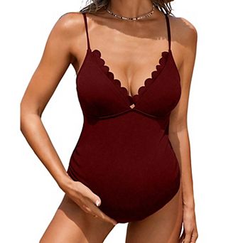 Maternity V Neck Bathing Suit Scallop Trim Ruched One Piece Swimwear Cutout Tie Back Swimsuit