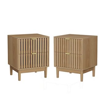 Set of 2 Mid-Modern Style Oak Bedside Table with Grille Design and Two Drawers