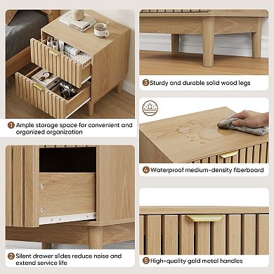 Set of 2 Mid-Modern Style Oak Bedside Table with Grille Design and Two Drawers