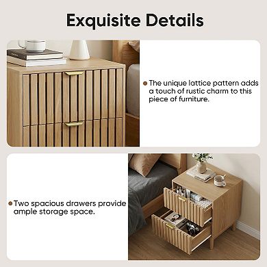 Set of 2 Mid-Modern Style Oak Bedside Table with Grille Design and Two Drawers