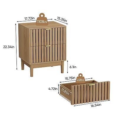 Set of 2 Mid-Modern Style Oak Bedside Table with Grille Design and Two Drawers