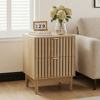 Set of 2 Mid-Modern Style Oak Bedside Table with Grille Design and Two Drawers