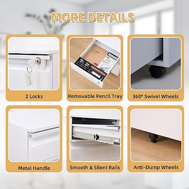 ANIXOL 3-Drawer Rolling File Cabinet with Lock and Wheels