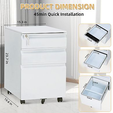 ANIXOL 3-Drawer Rolling File Cabinet with Lock and Wheels